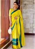 Yellow Chanderi Handloom Pattu Silk Mashru Borders Saree