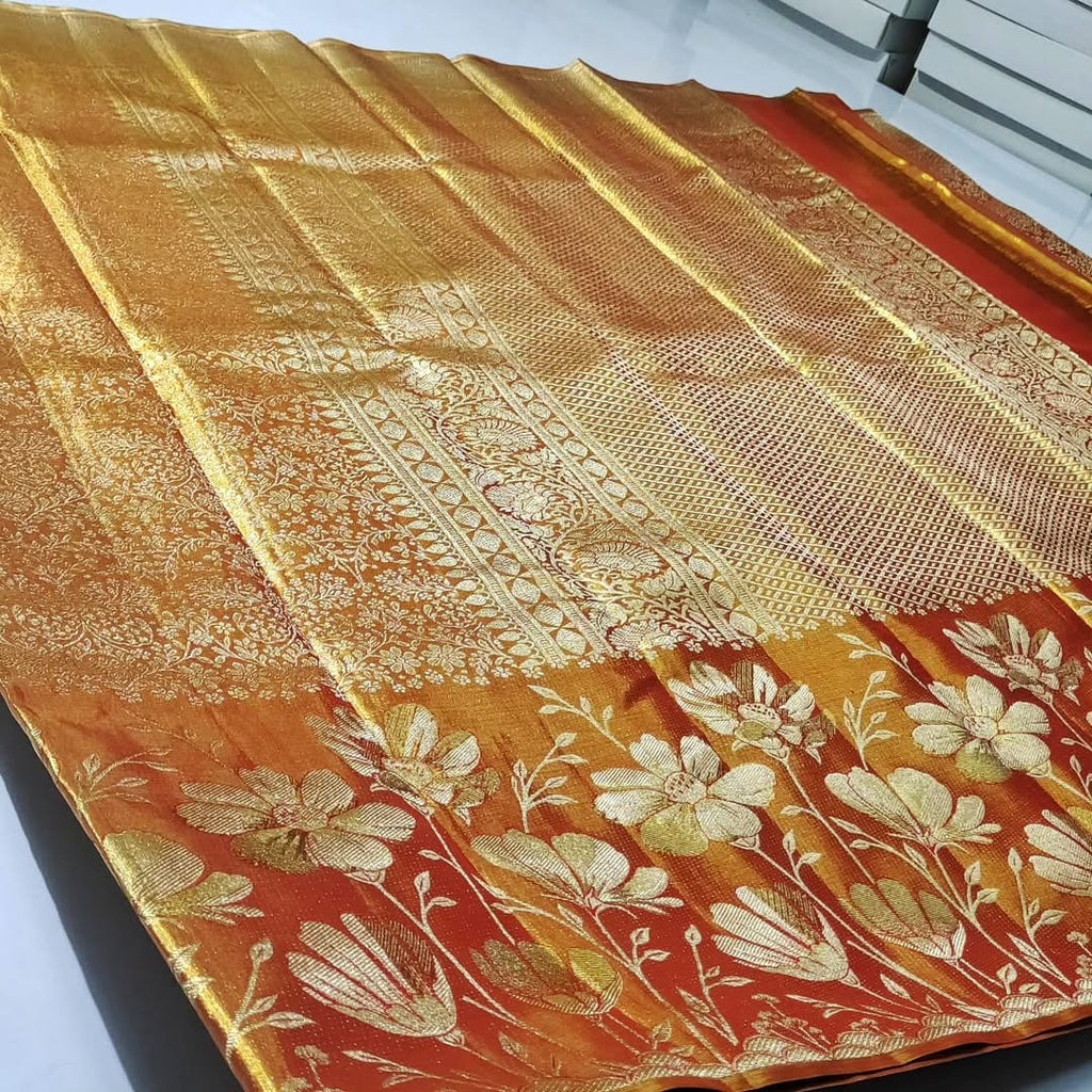 Orange Kanchipuram Handloom Tissue Brocade Silk Saree