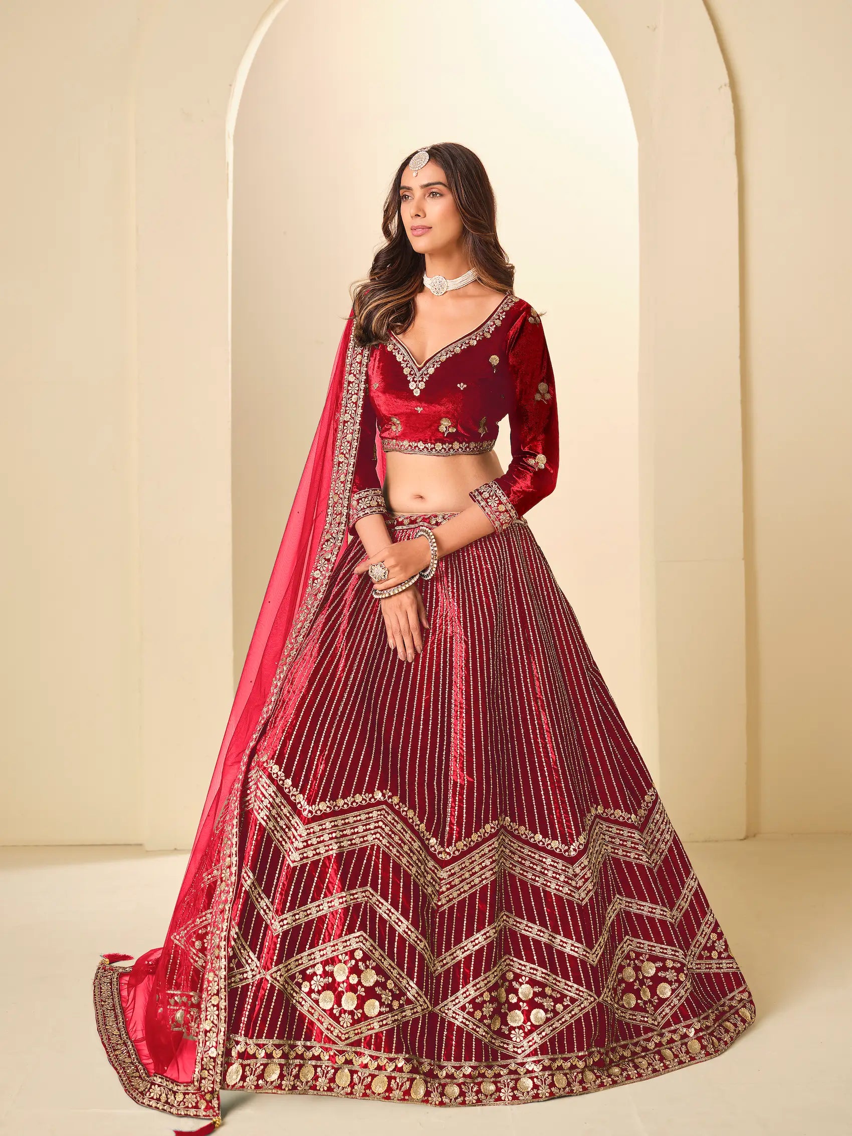 chili Red Sequins Embroidery Work Velvet Lehenga Choli