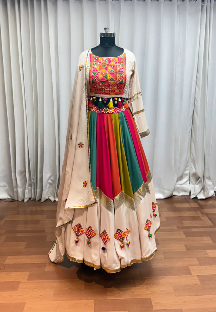 Beige Multi Color Thread & Mirror Work Navratri Lehenga