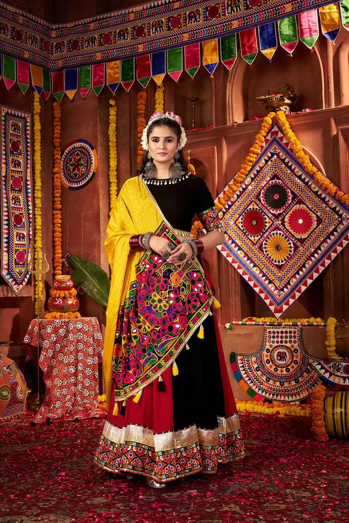 Multi Color Cotton Thread & Mirror Work Navratri Lehenga