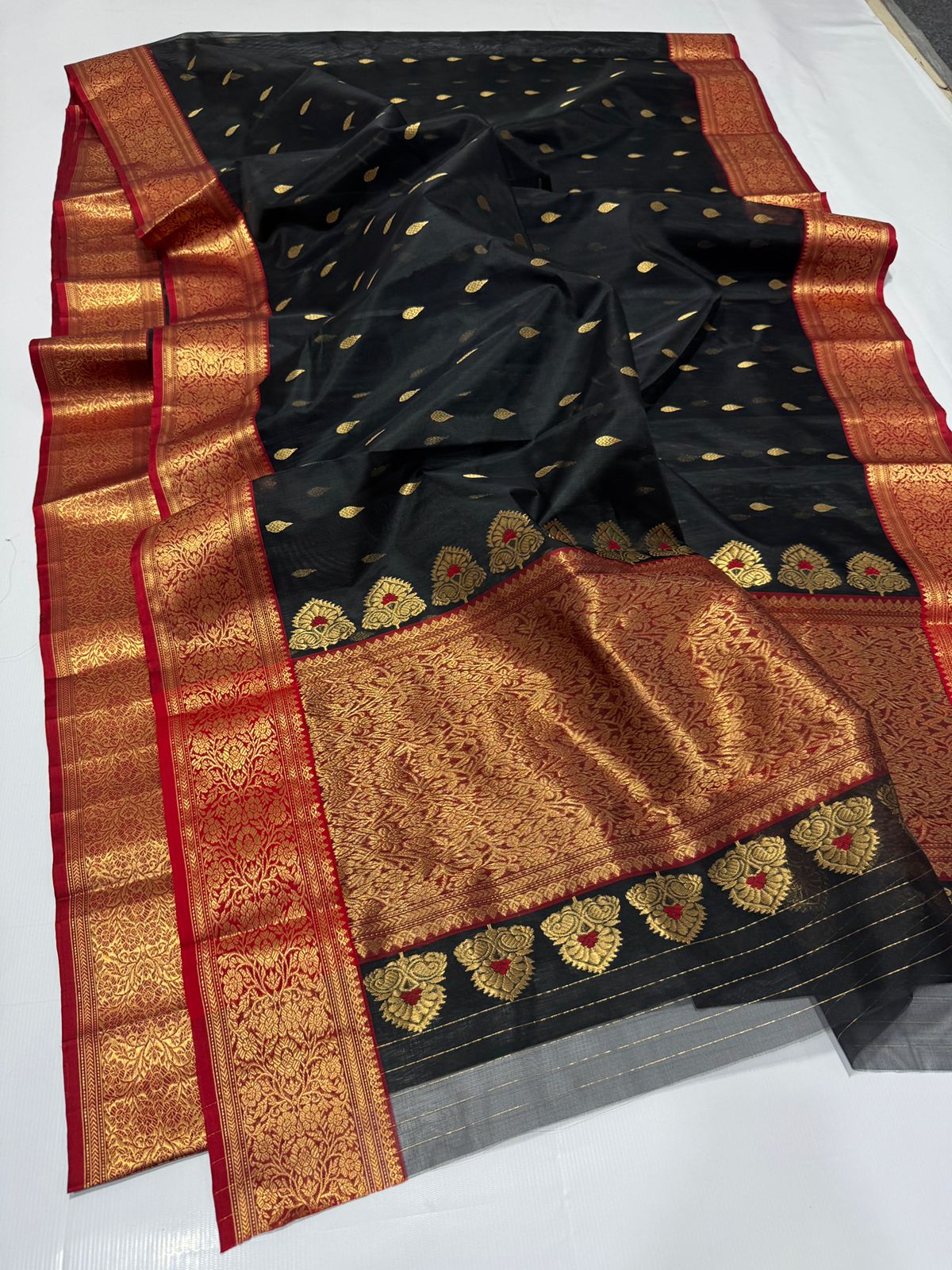 Black Chanderi Handloom Katan Silk Meenakari Saree