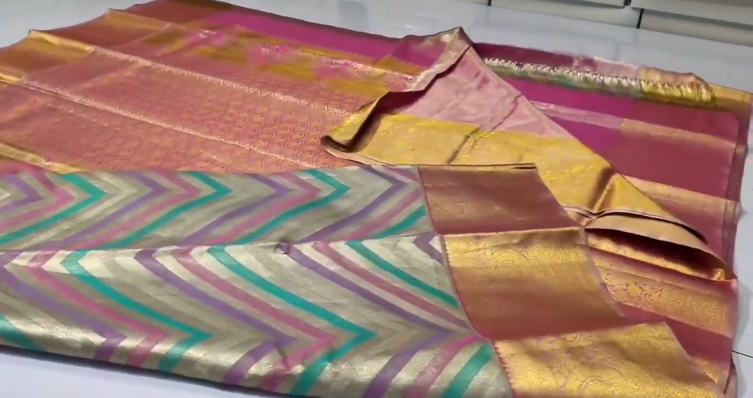Multi Colour Kanchipuram Handloom Tissue Brocade Silk Saree