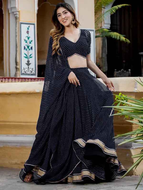 Black Leheriya Georgette Lehenga with Zari Lace Work