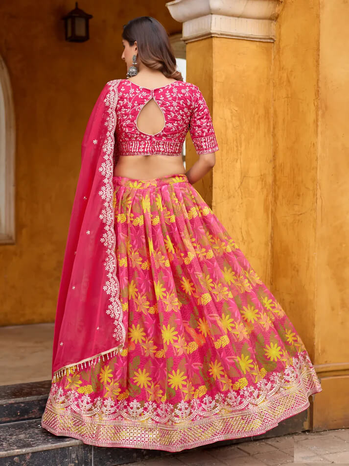 Hot Pink Taby Silk Lehenga with Floral Print & Embroider
