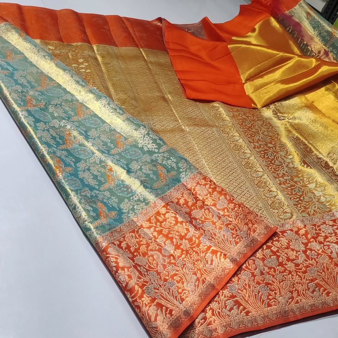 Sea Green Kanchipuram Handloom Tissue Brocade 1G Gold Bridal Saree