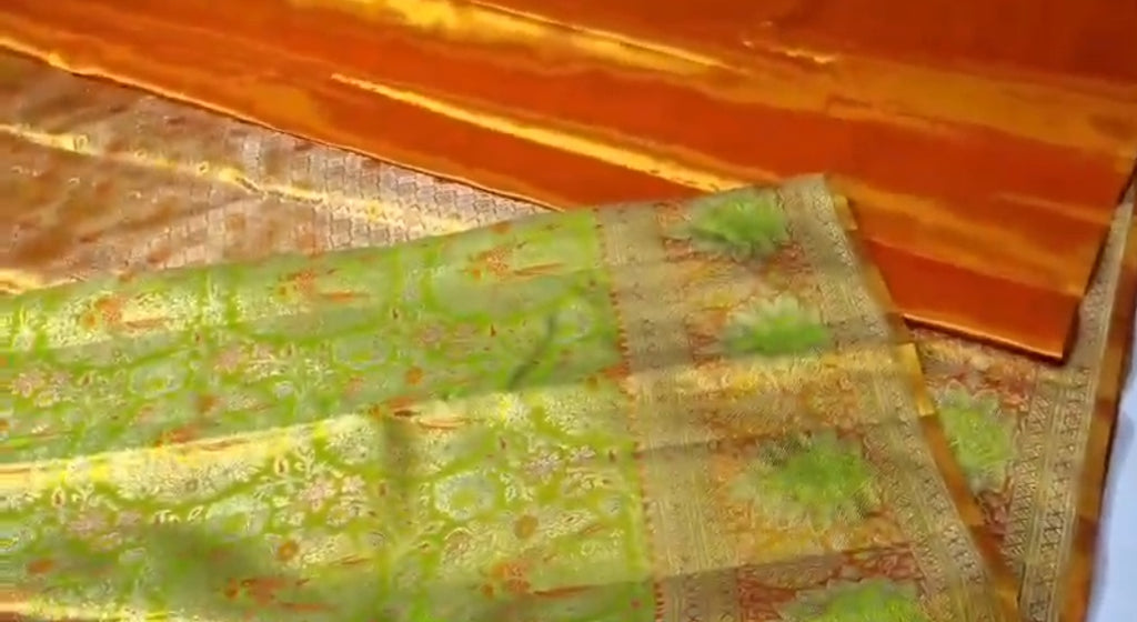 Lime Green Kanchipuram Handloom Tissue Brocade Meenakari Silk Saree