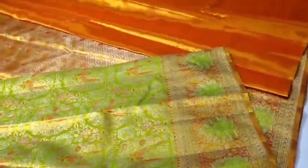 Lime Green Kanchipuram Handloom Tissue Brocade Meenakari Silk Saree