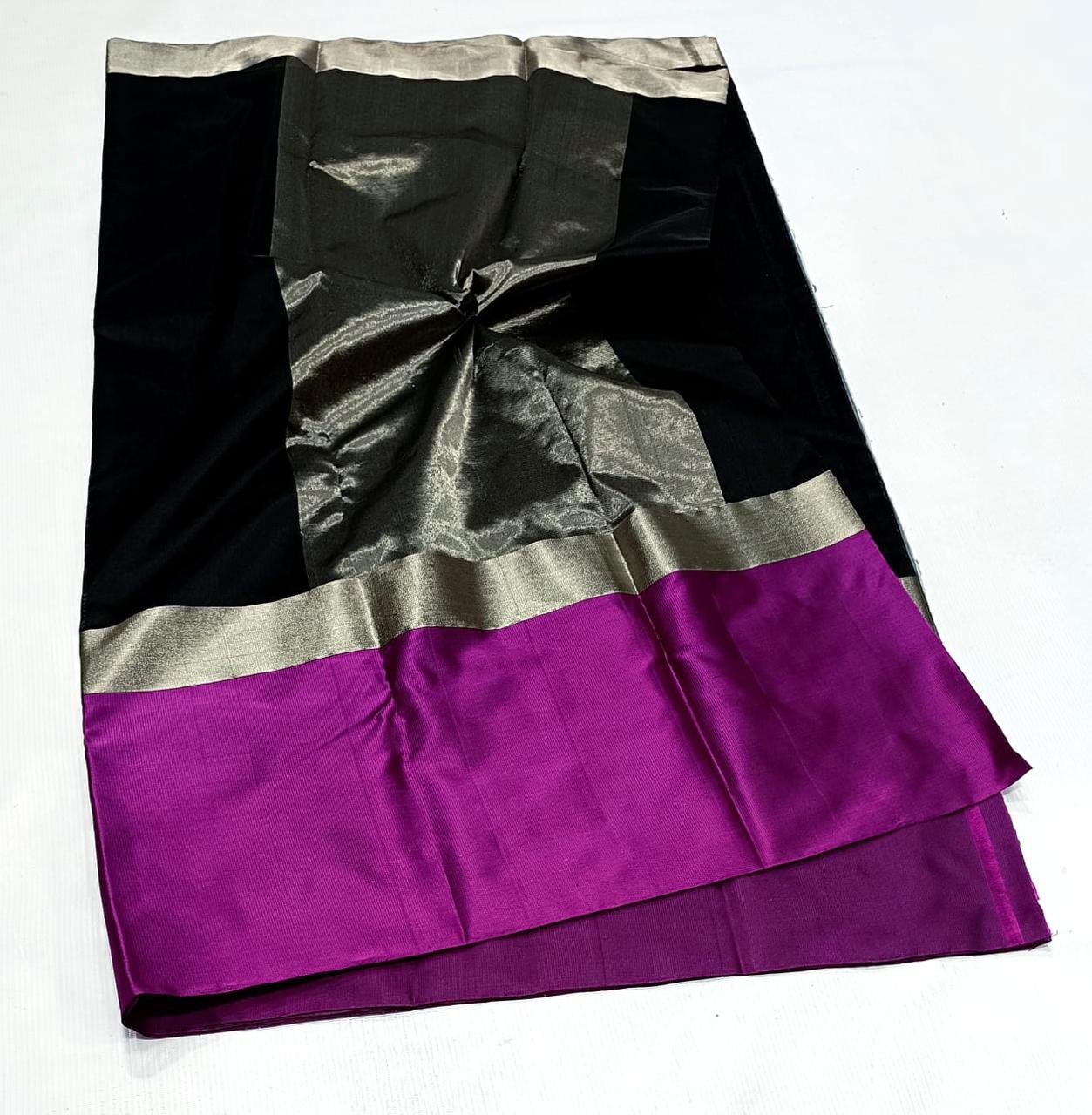Black Chanderi Handloom Pattu Silk Mashru Borders Saree