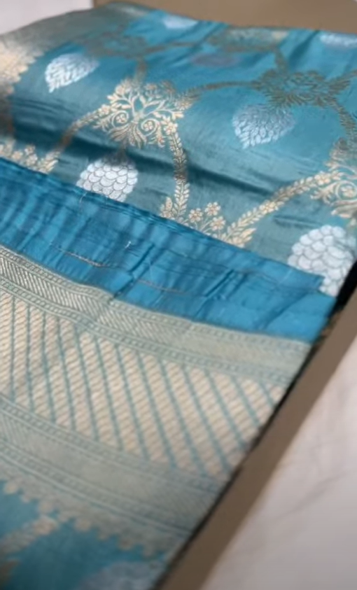 Dual Tone Turquoise and Green Banarasi Katan Silk Saree with Gold and Silver Sona Rupa Zari Weaving and Silk Mark Tag.