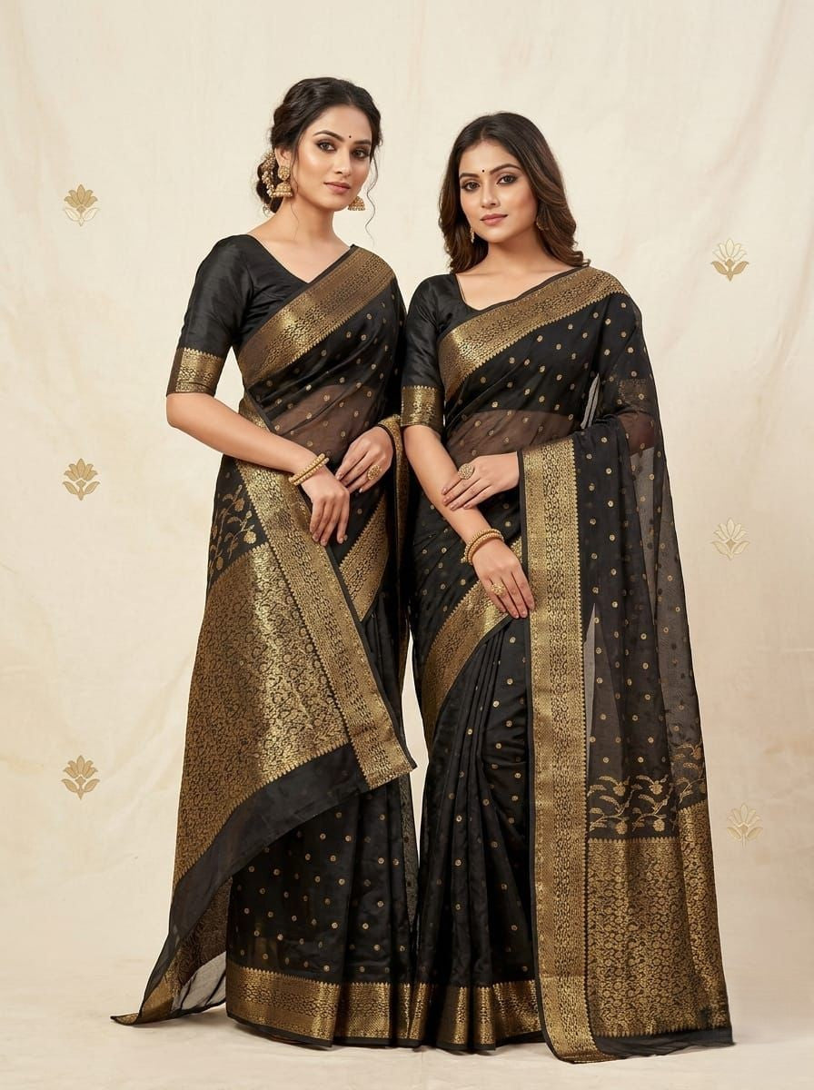 Black Chanderi Handloom Katan Silk Saree