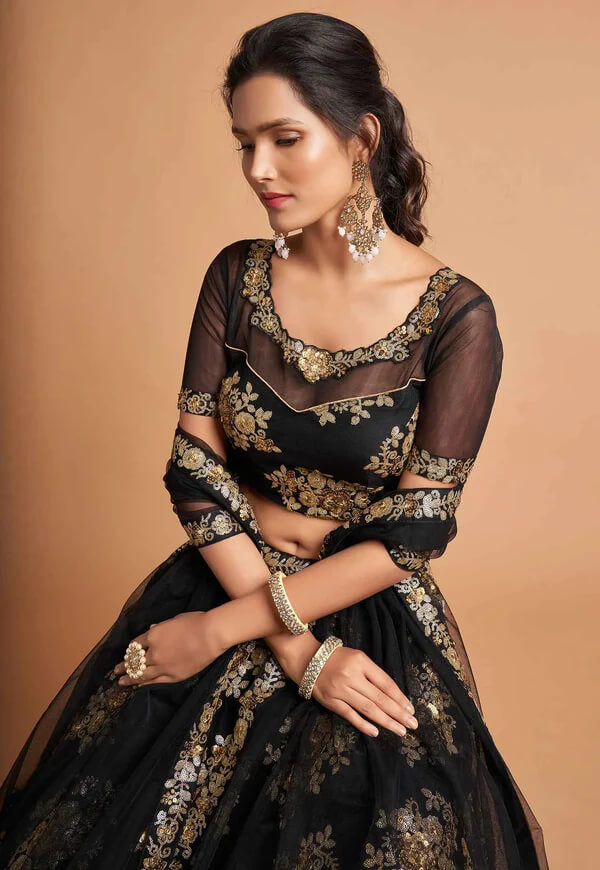 Black Soft Net Lehenga with Zari & Sequins Work