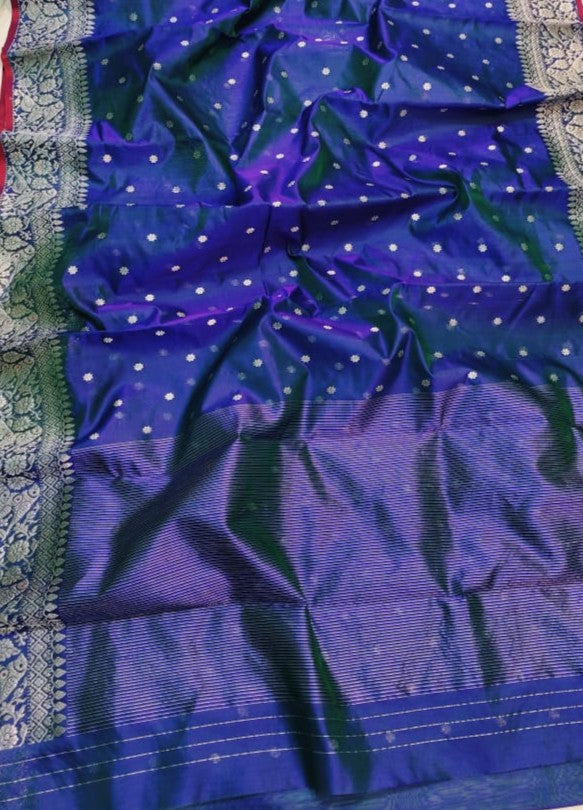 Dual Tone Blue Chanderi Handloom Pattu Silk Handwork Saree