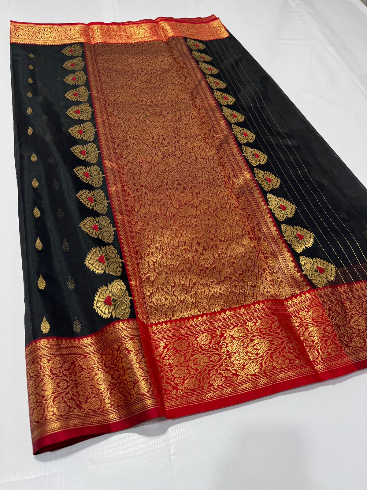 Black Chanderi Handloom Katan Silk Meenakari Saree