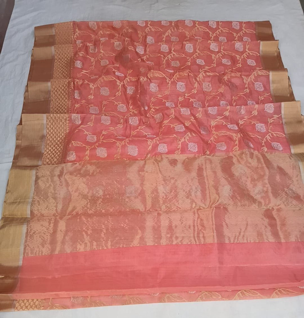 Peach Chanderi Handloom Pattu Silk Handwork Saree
