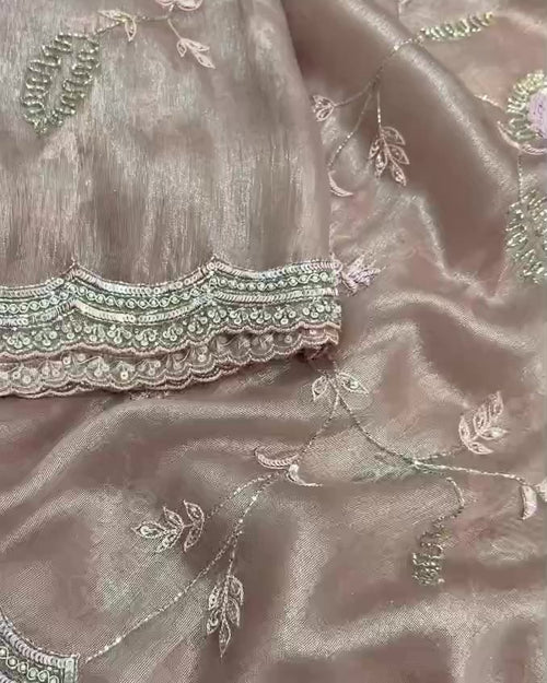 Beige Hand Embroidered Tissue Organza Silk Saree