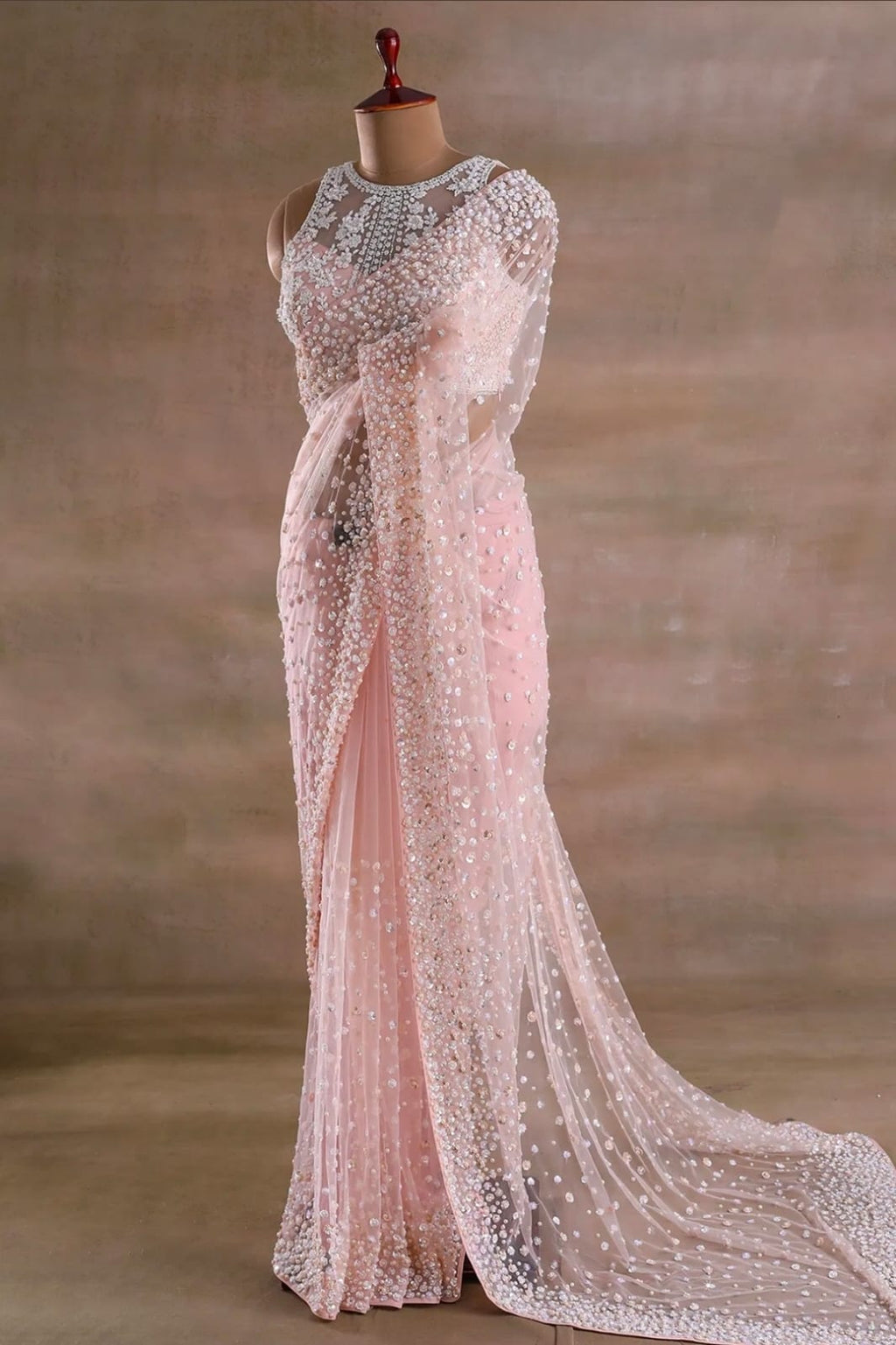 Baby Pink Hand Embroidered Satin Net Saree