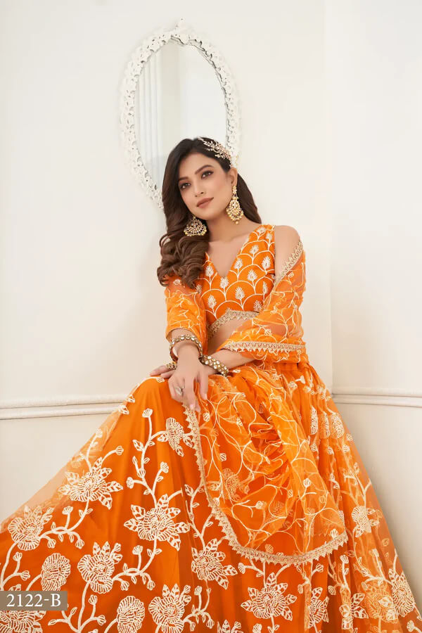 Designer Orange Cotton Thread & Zari Lehenga