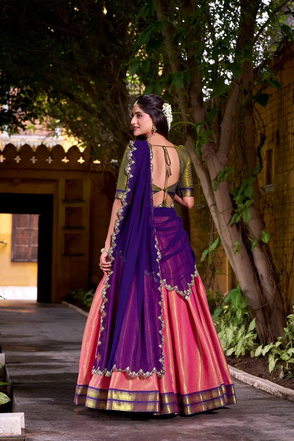 Peach Pink Ethnic Lehenga Choli with Kanchipuram Zari Work