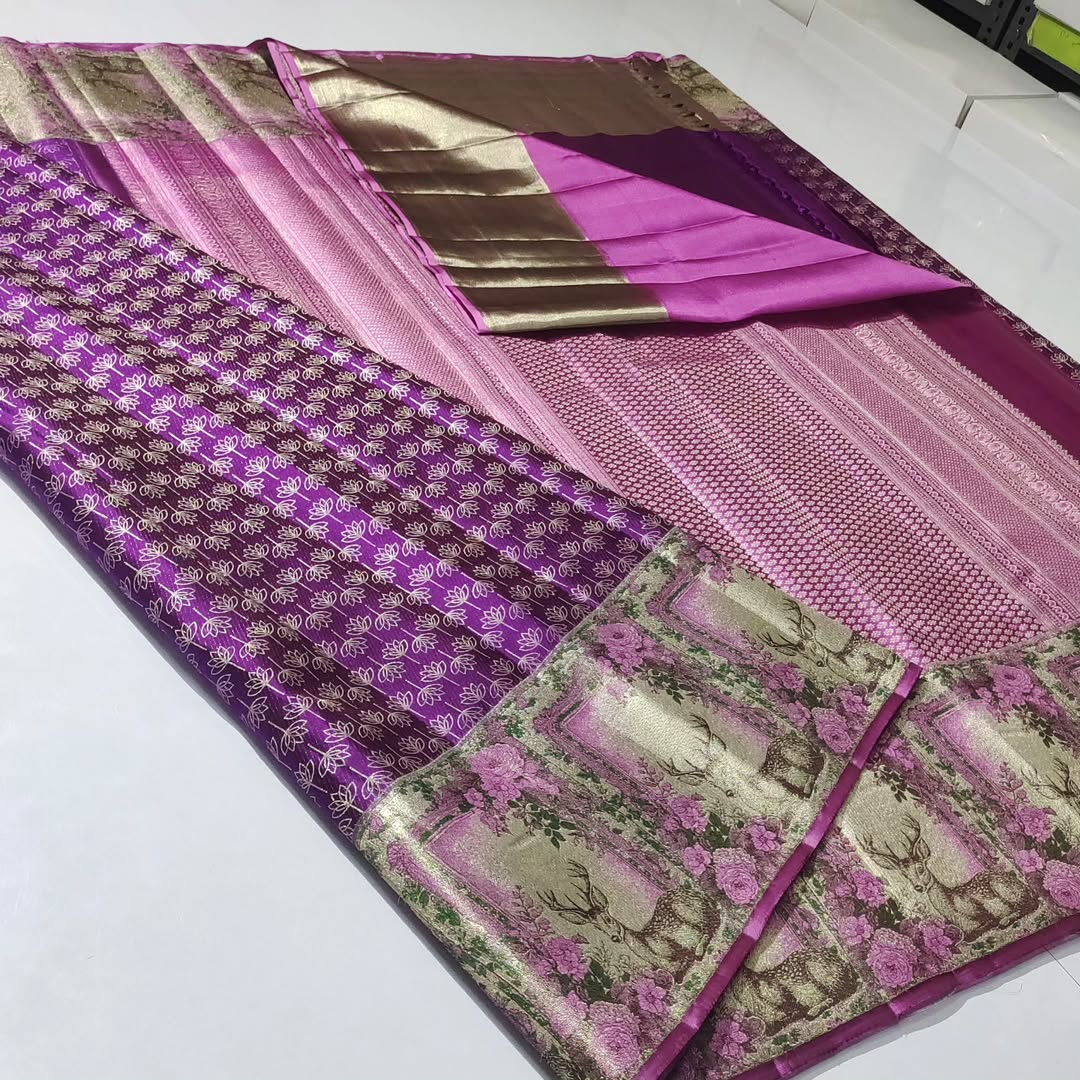 Magenta Kanchipuram Handloom Tissue Brocade Meenakari Silk Saree