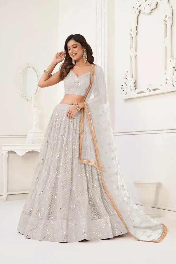 Elegant Off White Sequin & Thread Lehenga