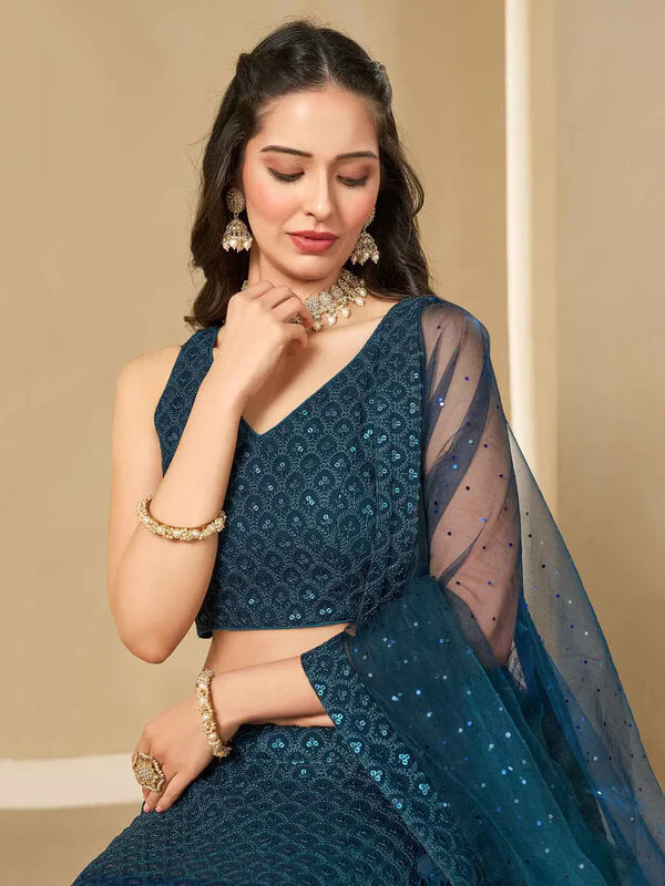 Teal Blue Georgette Lehenga with Sequins Embroidery