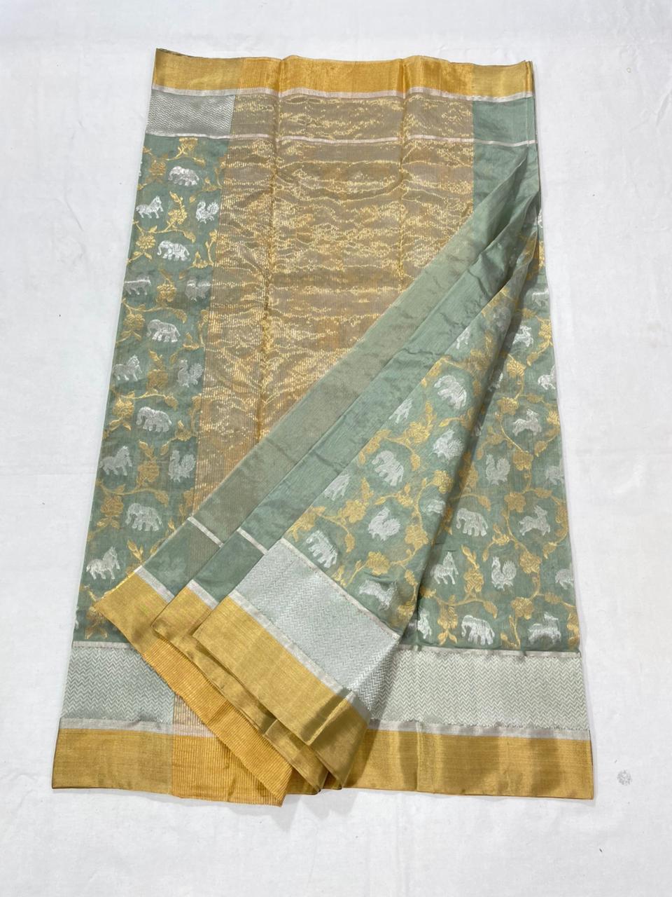 Sage Green Chanderi Handloom Pattu Silk Shikargah Handwork Saree