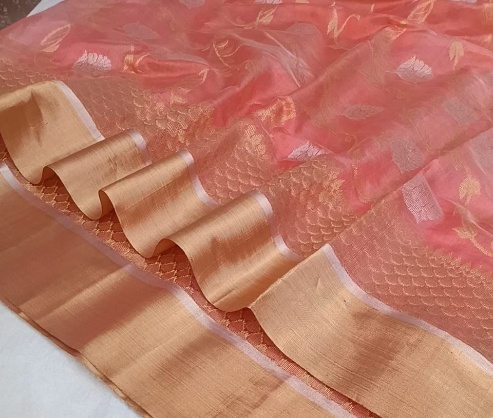 Peach Chanderi Handloom Pattu Silk Handwork Saree