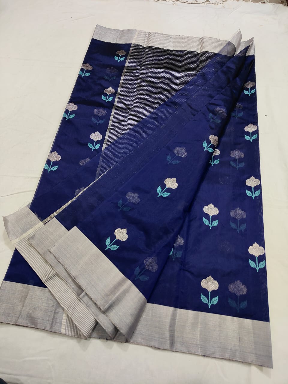 Midnight Blue Chanderi Handloom Pattu Silk Meenakari Saree