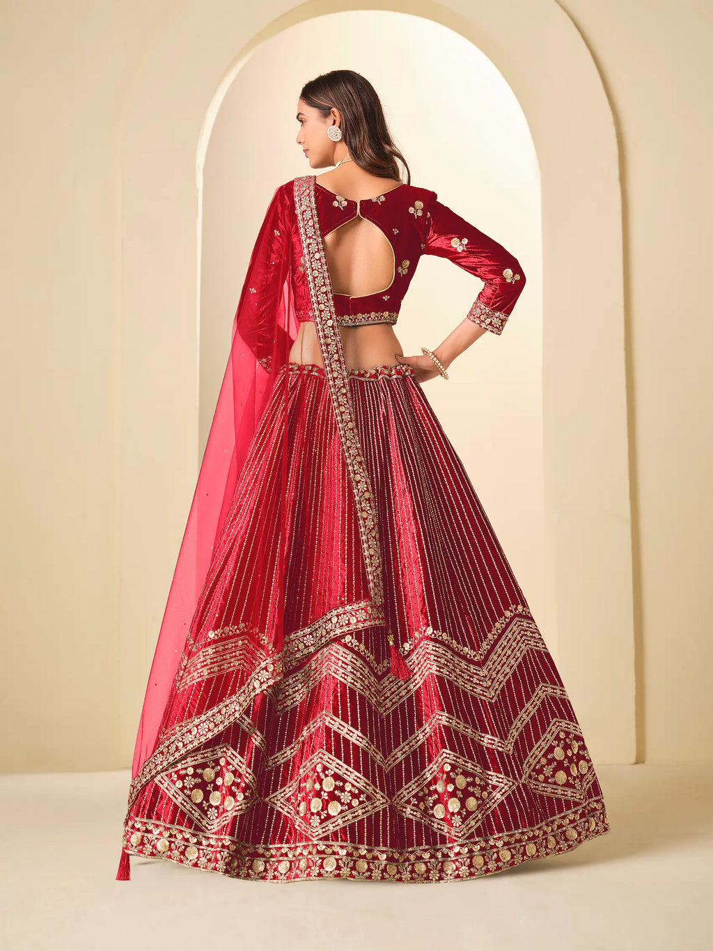 chili Red Sequins Embroidery Work Velvet Lehenga Choli