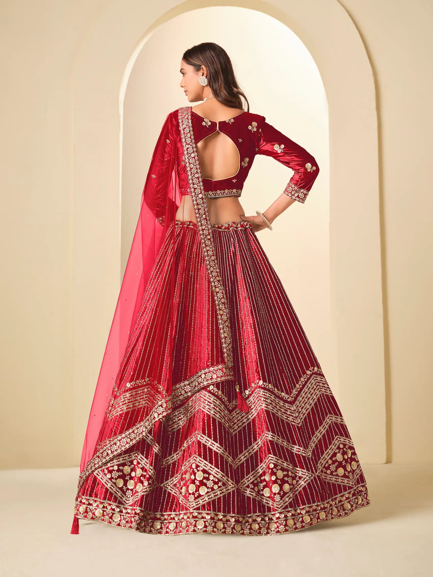 chili Red Sequins Embroidery Work Velvet Lehenga Choli