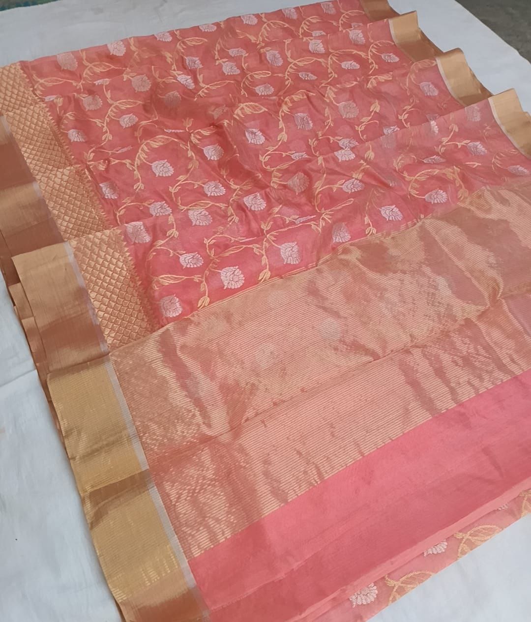 Peach Chanderi Handloom Pattu Silk Handwork Saree