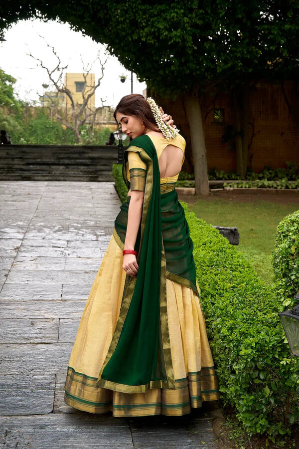 South Indian Style Beige & Green Zari Work Lehenga Choli