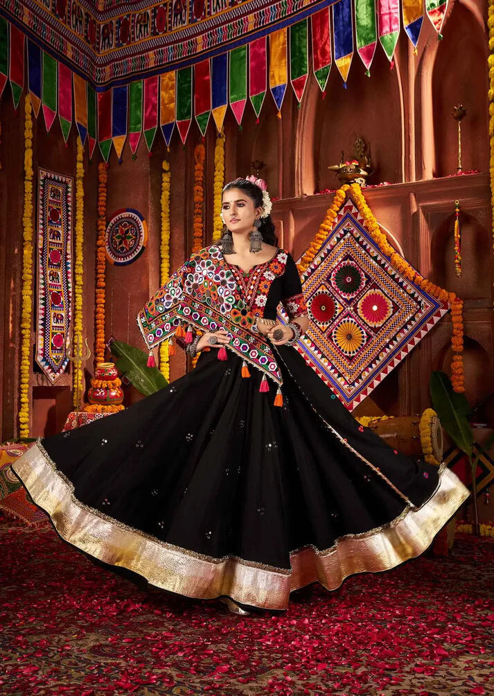 Designer Black Mirror & Thread Work Navratri Lehenga