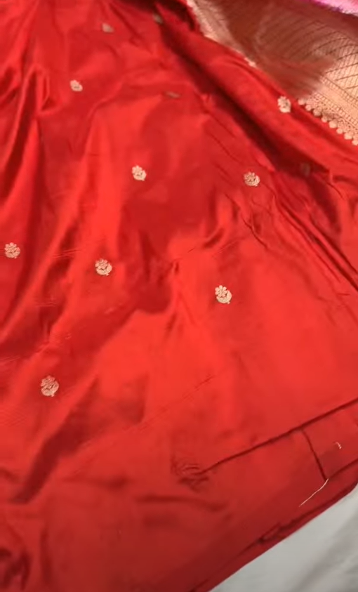 A bridal red Banarasi Katan silk saree featuring intricate hand-woven Sona Rupa zari motifs in gold and silver.