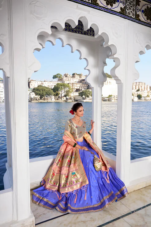 Traditional Lotus Blue Paithani Silk Lehenga with Zari Work