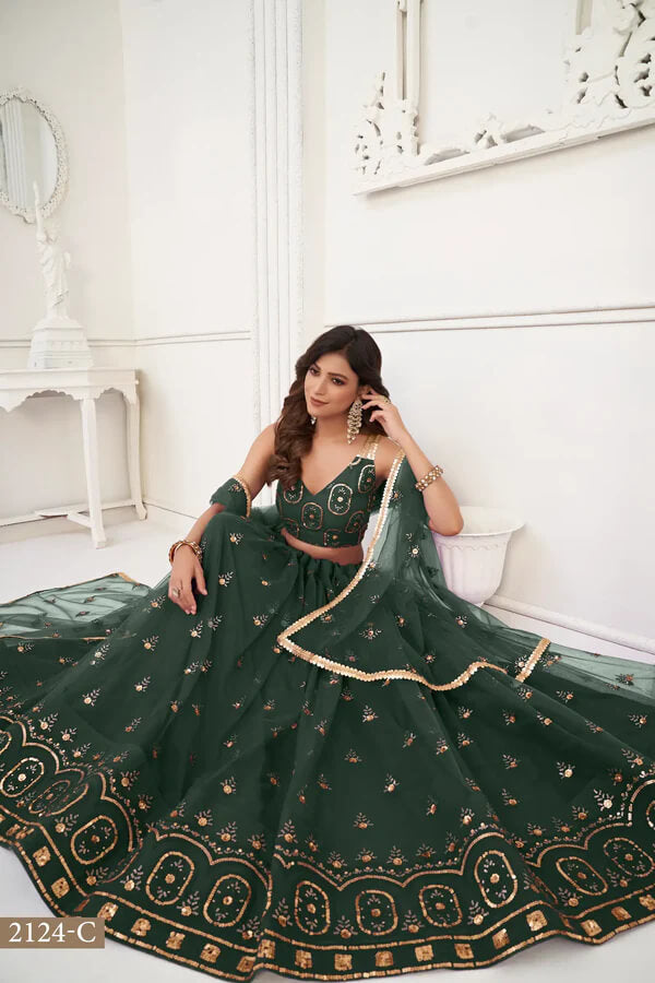 Festive Dark Green Net Embroidery Lehenga Choli