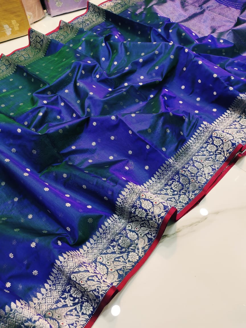 Dual Tone Blue Chanderi Handloom Pattu Silk Handwork Saree