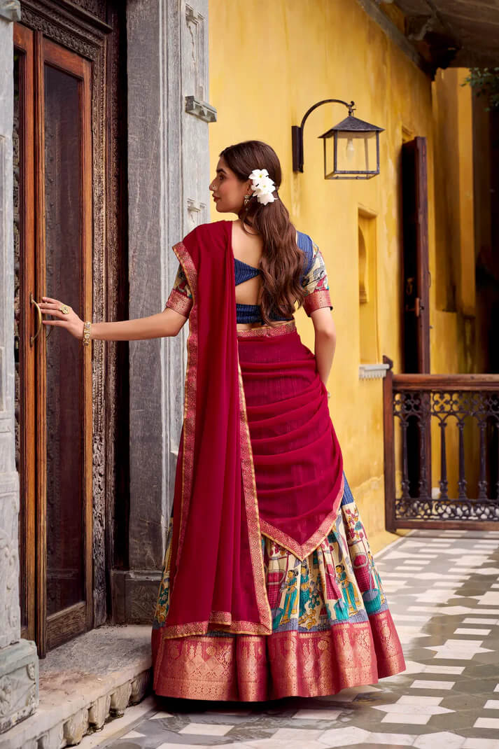 Navy Blue Chanderi Lehenga with Kalamkari & Zari Work