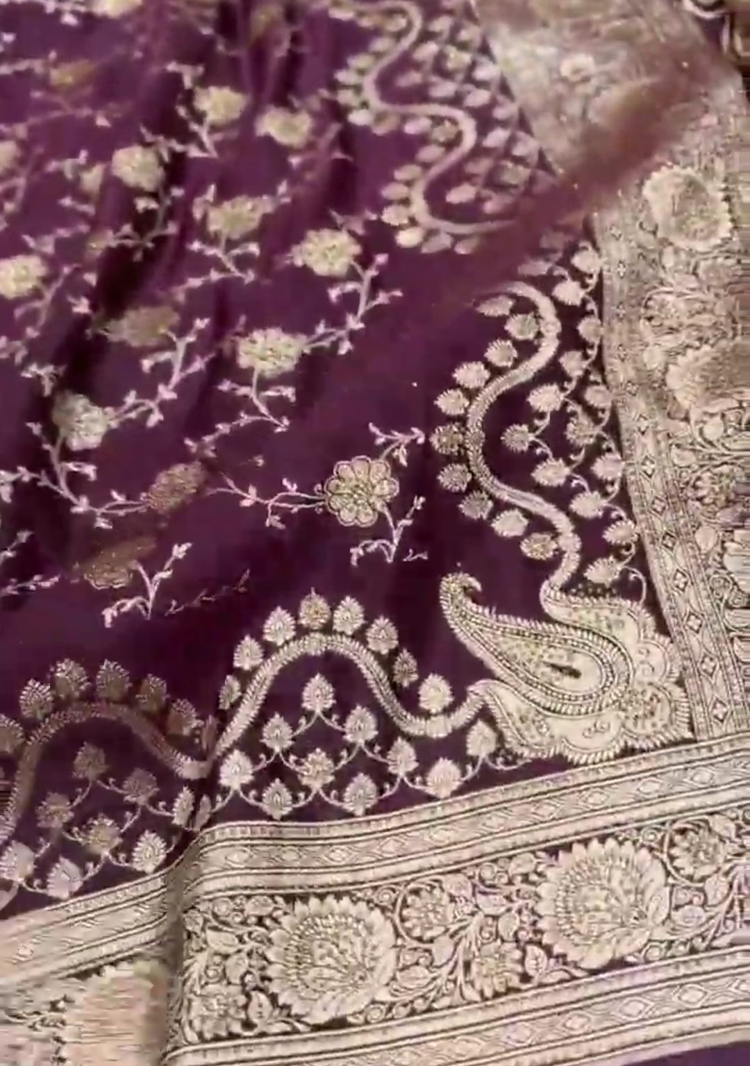 Wine Banarasi Satin Katan Silk Swarovski Jangla Saree