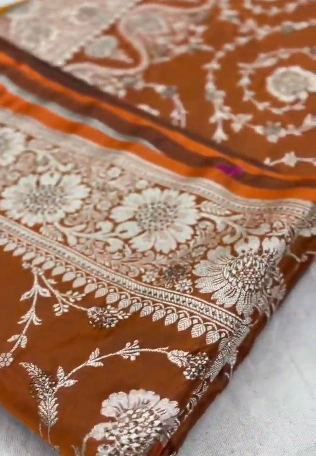 Orange Banarasi Satin Katan Silk Swarovski Jangla Saree