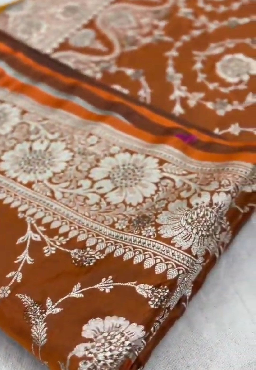 Orange Banarasi Satin Katan Silk Swarovski Jangla Saree