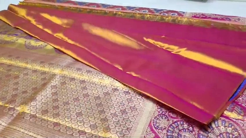 Hot Pink Kanchipuram Handloom Tissue Brocade Meenakari Silk Saree