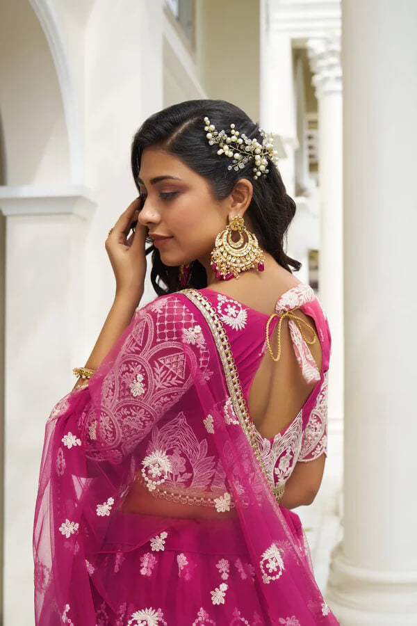 Party Ready Dark Pink Net Lehenga Choli with Cotton Thread Work