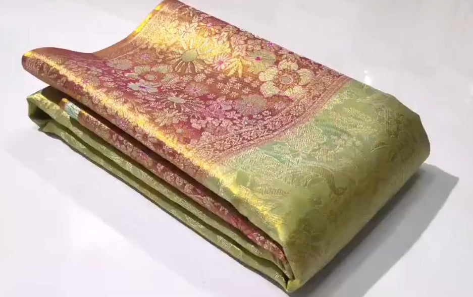Pastel Green Kanchipuram Handloom Tissue Brocade Silk Meenakari Saree