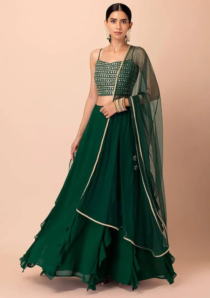 Green Georgette Fancy Lehenga with Sequins Work