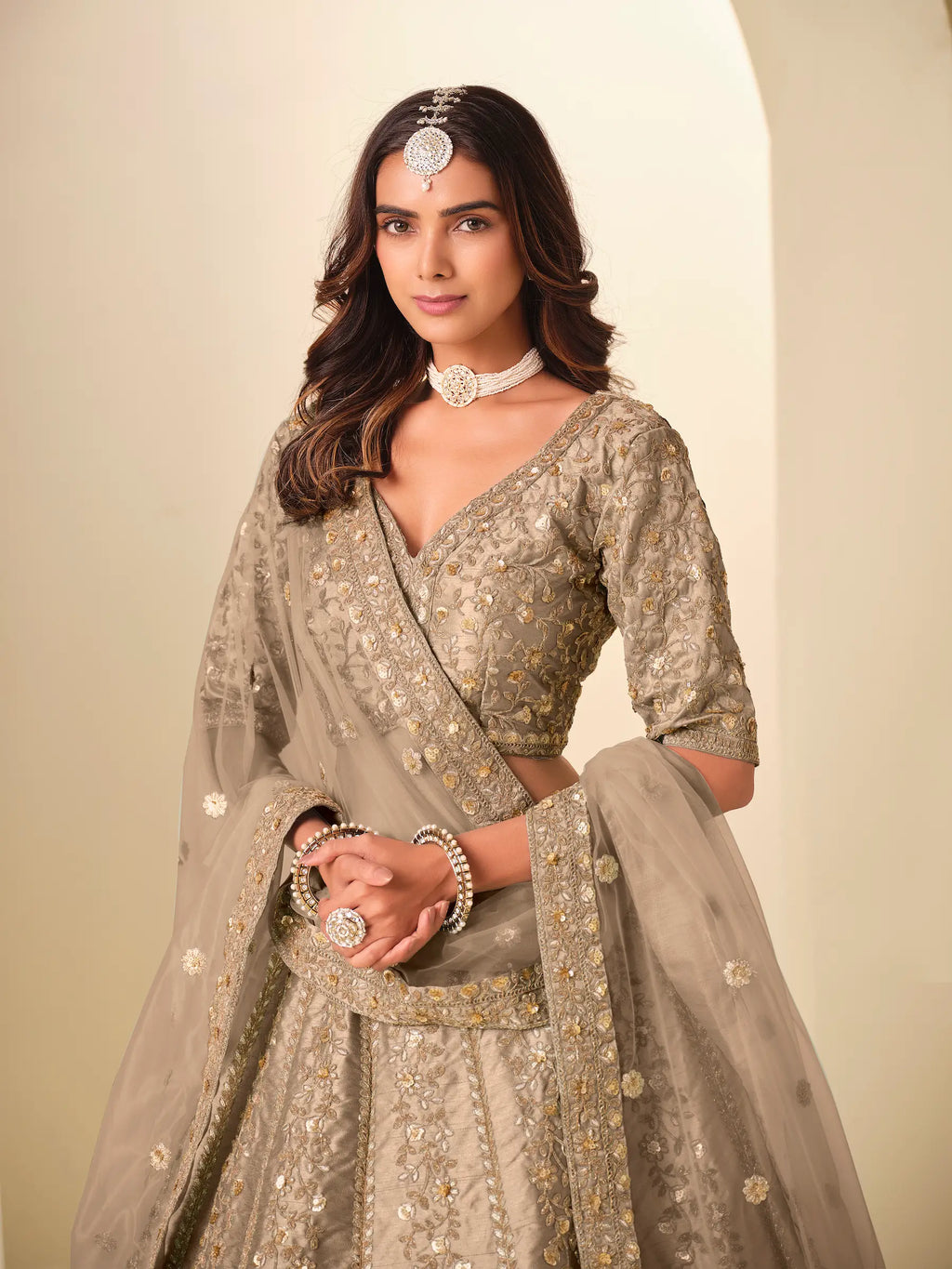 Pale Brown Sequins Embroidery Art Silk Lehenga Choli