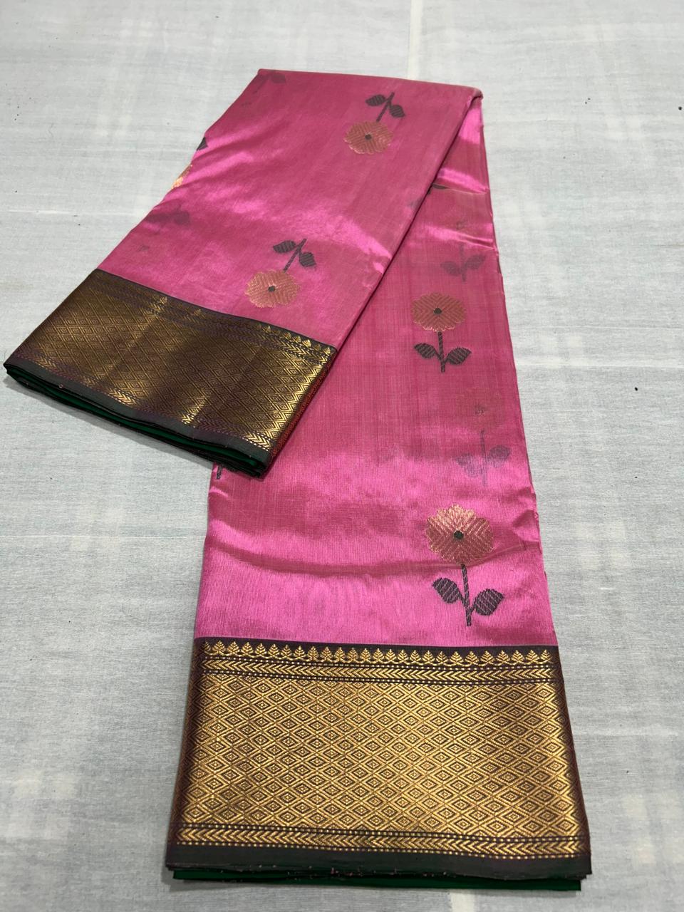 Hot Pink Chanderi Handloom Pattu Silk Meenakari Nakshi Saree