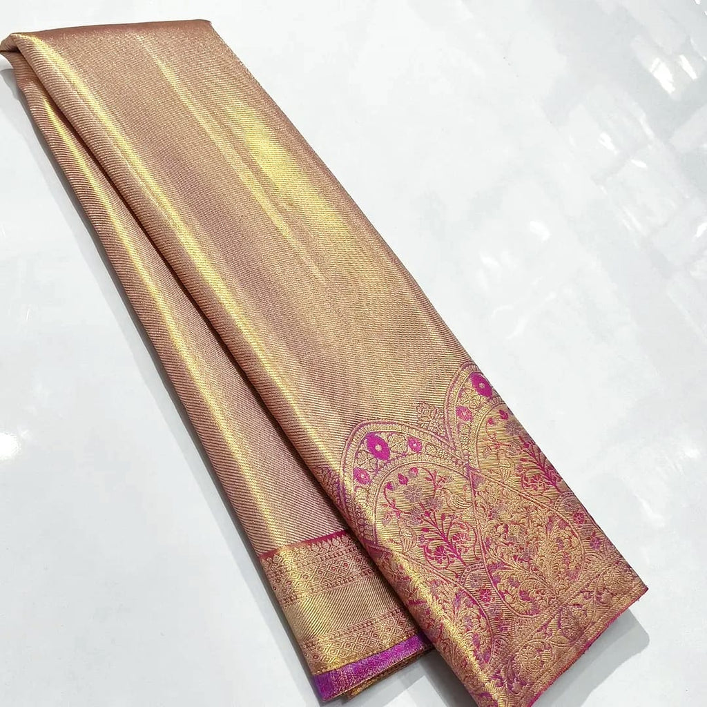 Gold and Hot Pink Kanchipuram Handloom Tissue Brocade Silk Saree