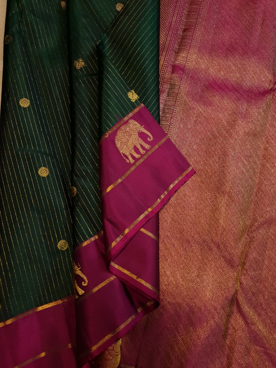 Bottle Green Kanchipuram Handloom 2G Gold Pattu Silk Saree